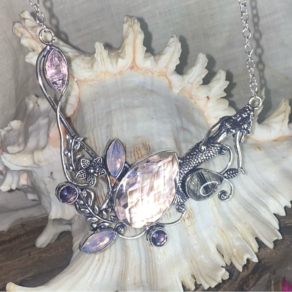 STUNNING Mermaid + Pink Quartz + Black Rutile + Rose Quartz gem cluster Necklace